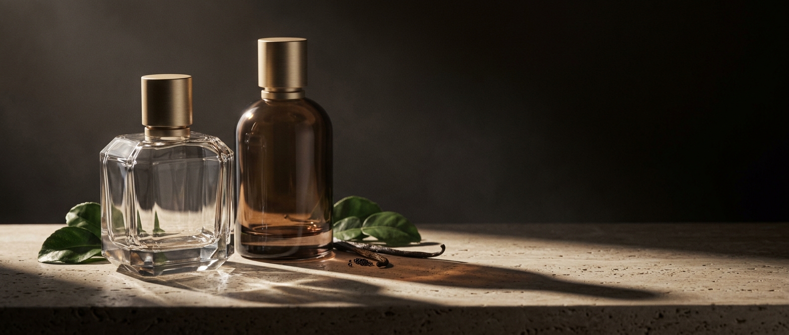Two unlabelled fragrance bottles, one clear faceted glass and one smoked amber, with brushed-gold collars on a travertine ledge in raking light.